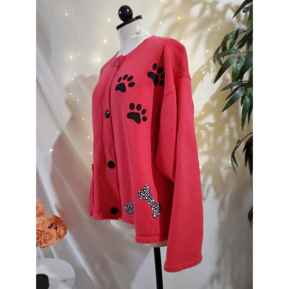 Vtg Tracey Designs Button Dog Cardigan Sweatshirt Size L Pockets Artsy Red Paws - Picture 4 of 12